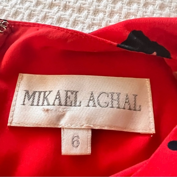 MIKAEL AGHAL Red Leopard‎ Pleated Midi Dress Lace Trim Size 6 - Picture 7 of 12